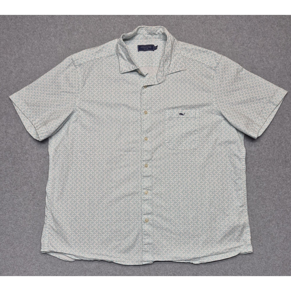 Vineyard Vines Shirt Mens XXL White Short Sleeve Button Down Blue Stretch Print